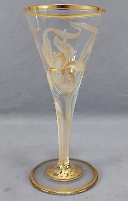 Harrach Bohemian Art Nouveau Engraved Iris & Gold Goblet Circa 1900-1910 • $595