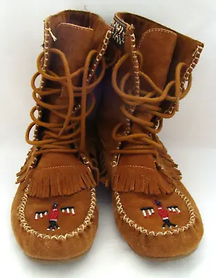 Minnetonka Moccasins Size 7 Brown Suede Calf Boots With Beaded Thunderbird • $99.99