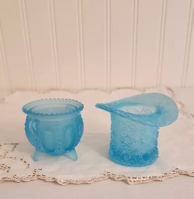 Vintage Ice Blue Daisy & Buttons Top Hat & Beaded Calderon Toothpick Holders • $24