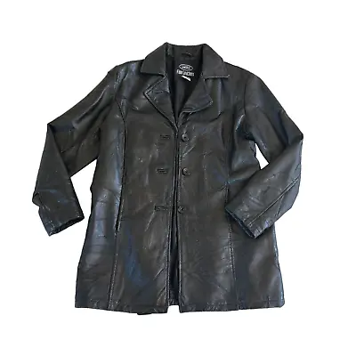 Vintage LeWorld Black Leather Belted Trench Coat Patchwork Jacket Women's L • $47.99