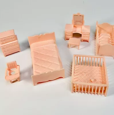 Vintage Plastic Marx Dollhouse Furniture 1960s Pink Nursery/Bedroom 7 Piece Set • $21.99