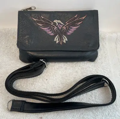 Ladies Black Leather Belt Fanny Bag Biker Clip Hip Purse Purple Butterfly • $16.12