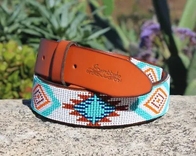 Handmade Leather Sambboho Mens Aztec Glass Beaded Belt • $70