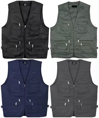 Men's Waistcoat Jacket Multi Pocket Utility Vest Workwear Gilet Safari Outdoor • £17.99