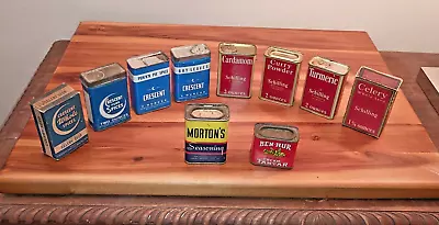 Lot 10 Vintage Spice Tins Boxes Jar Schilling Crescent Ben-hur Mortons Seasoning • $19