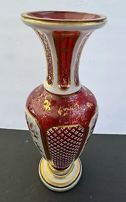 Vintage Bohemian Ruby Red Hand Painted Floral Gold Gilding Glass Vase 10  Tall • $225