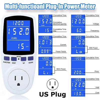 Digital Plug-in Electricity Power Meter Backlit LCD Volt Amp Watt Kwh Analyzer • $16.49