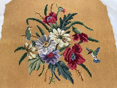 Vtg Finished Needlepoint HUMMINGBIRDS ~ Pillow Chair Seat Cover Gold Red Floral • $69.99