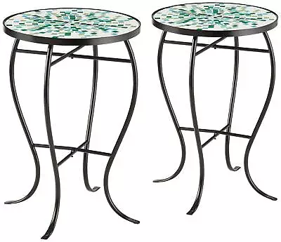 Modern Black Outdoor Accent Tables 14  Wide Set Of 2 Aqua Green Mosaic For Porch • $118.95