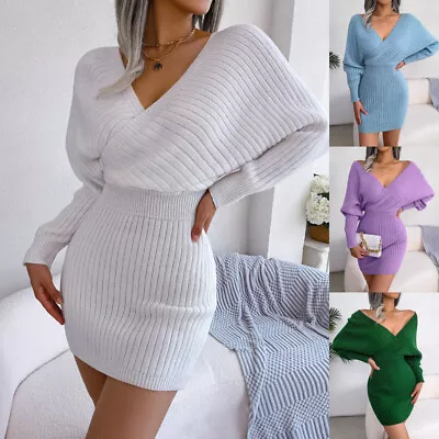 Stylish Off The Shoulder Ribbed Deep V Neck Stretchy Sweater Midi Dress Size S-L • £7.43