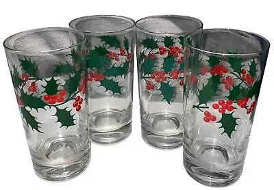 Vintage Holly & Berries Christmas Holiday Drink Glass | Set Of 4 • $19.99