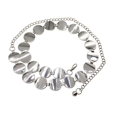 Women Silver Color Metal Chain Hip High Waist Narrow Belt Circle Round Charm S M • $16.95