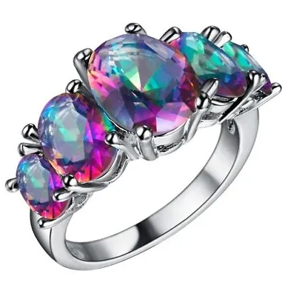 $8.99 • Buy Glamorous Fire Rainbow Topaz Oval Jewelry Gemstone AAA Silver Ring Size 6-9