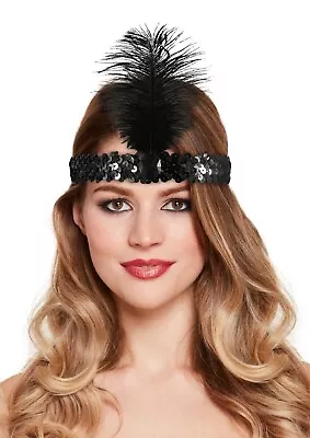 Ladies Gatsby Sequin Headband Black Flapper Lady 1920s Charleston Fancy Dress • £2.99