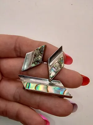 Vintage  Mexico  Sterling Silver Abalone  Cufflinks And Tie Bar • $44