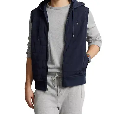 New Polo Ralph Lauren Men's Full-Zip Quilted Panel Hooded Vest M Navy OC0223 • $99.99