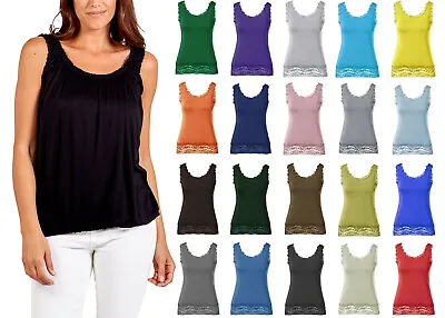 Plus Size Ladies Plain Camisole Vest Top Lace Trim Neck Cami Tank Strappy Top • £8.99