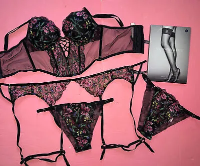 Victoria's Secret Longline 32C34B BRA SET+garter+S Panty BLACK Floral Embroider • £160.69