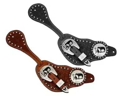 Showman SPUR STRAPS Mens FLORAL Tooled Leather Silver Engraved PRAYING COWBOY • $27.95