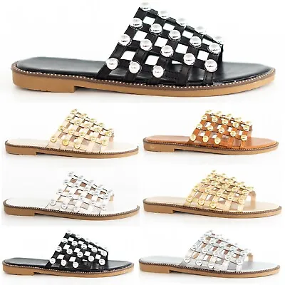Ladies Sliders Studded Cage Slides Flat Womens Summer Bling Sandals Shoes Size • £14.95