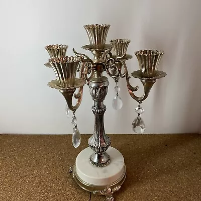 $65 • Buy Vintage Crystal Candelabra, Taper Ornate Candlestick Metal, Marble Base Coke 1