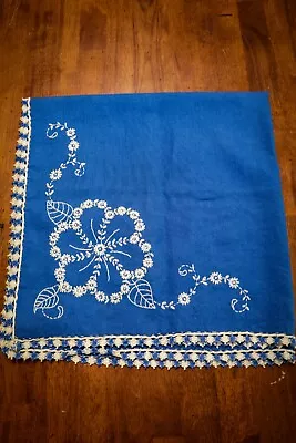 Vtg Handmade Embroidered Bridge Tablecloth Table Cover Blue White Floral Swedish • $24