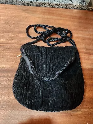Black Velvet Pleated Evening Bag Purse W/ Twisted Rope Trim & Strap Snap Close • $18