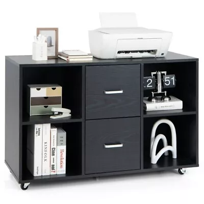 2-Drawer Lateral File Cabinet Wood Printer Stand W/ 4 Open Storage Shelves Black • $118.74