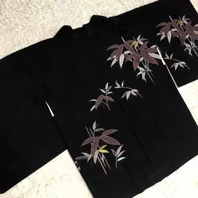 Black  Haori Kimono Japan Vintage Pure Silk  With  Ink And Matte Bamboo Pattern • $78.71