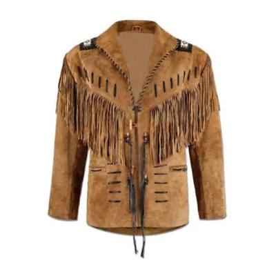Mens Native American Cowboy Leather Western Suede Fringe & Beads Hunter Jacket • $119.99