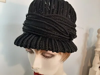 Nice Black Cloche Style Hat In Synthetic Straw Corde By Marche Exclusive Usa Bow • $18