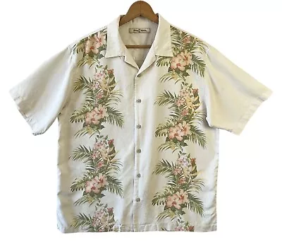 Tommy Bahama Mens Cream Coral Green Floral Silk Hawaiian Button Up Shirt Size M • $22