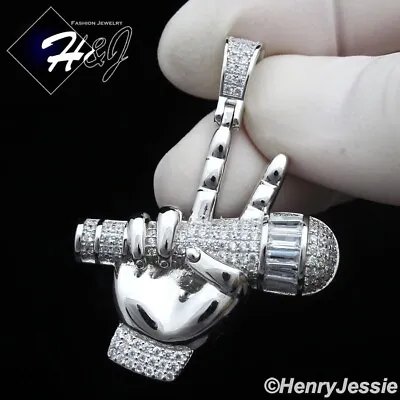 Men 925 Sterling Silver Icy Bling Baguette Cz 3d Microphone Hand Pendant*sp408 • $43.99