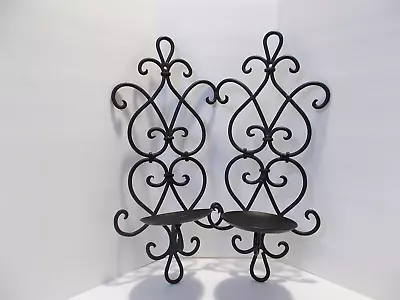 2 Vintage Large Fleur De Lis Black Wrought Iron Wall Sconce Candle Holders • $19.99