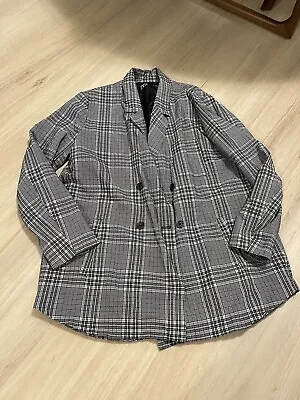 Zara L Large Checkered Plaid Oversized Slouchy Boyfriend Jacket Grey • $9.99