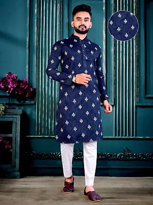 Traditional Blue Kurta Pajama Indian Readymade Party Wear Lucknowi Kurta For Man • $32.99