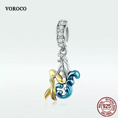 Women Pendant Bead 925 Sterling Silver Charm CZ Mermaid For Bracelet Necklace • $13.03