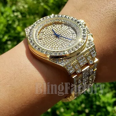 Men's Luxury Iced Hip Hop Gold PT Metal Band Shiny Bling Clubbing Watch • $29.99