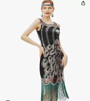 BABEYOND Vintage 1920s Green Sequin Peacock Fringed Flapper Dress Size XXL • $49.99