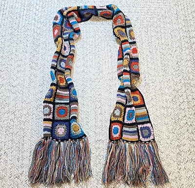 $29.94 • Buy Crochet Granny Square Extra Long Knitted Scarf Multi Colored Boho Hippie Fringe 