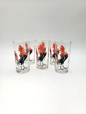 Vintage Anchor Hocking Glasses Pink And Black Rooster Drinking Glasses Set Of 6 • $50