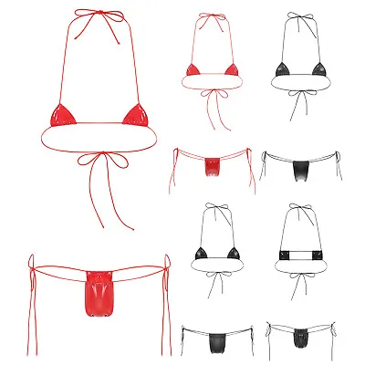 Womens Patent Leather Lingerie Set Lace-up Bras With Micro Thong Bikini Suit • £7.60