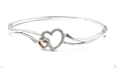 Genuine Diamond Heart Bangle Bracelet Sterling Silver With 10k Rose Gold Accent • $59