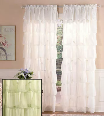 63  Ruffled Layered Curtain White OR Sage Green Panel Shabby Chic Gypsy • $29.98