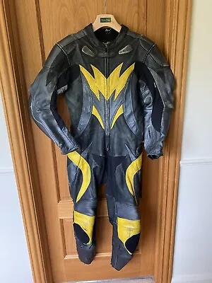 Vintage Mens Buffalo Leather Motorcycle 1 Piece Suit 40  Chest Black Yellow • $118.28