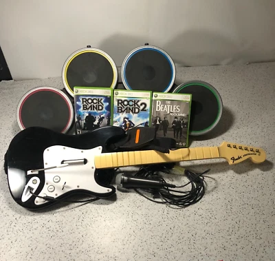 $349.99 • Buy Xbox 360 Rock Band Bundle-Drums, Guitar, Microphone, And 3 Games, Tested+Working