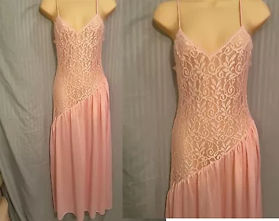 Vtg  Asymmetrical SHEER Lace BODICE NIGHTGOWN Gown Dress Nylon Undercover Wear • $24.99