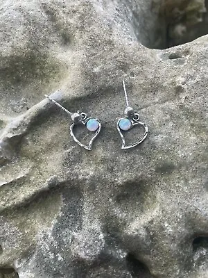 Vtg Sterling Silver Fire Opal? Heart Shaped Small Dangle Pierced Earrings *Read • $19.99