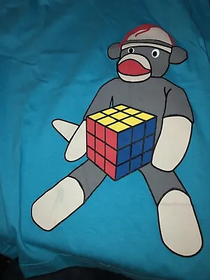 Vintage T Shirt - Sock Puppet Monkey Rubiks Cube Blue  Funny Size L • $99.99