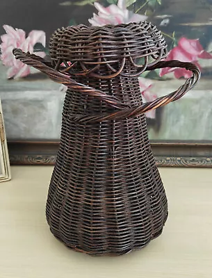 Antique Edwardian TALL Brown Wicker Vase Handles Original Glass Insert RARE VTG • $19.99